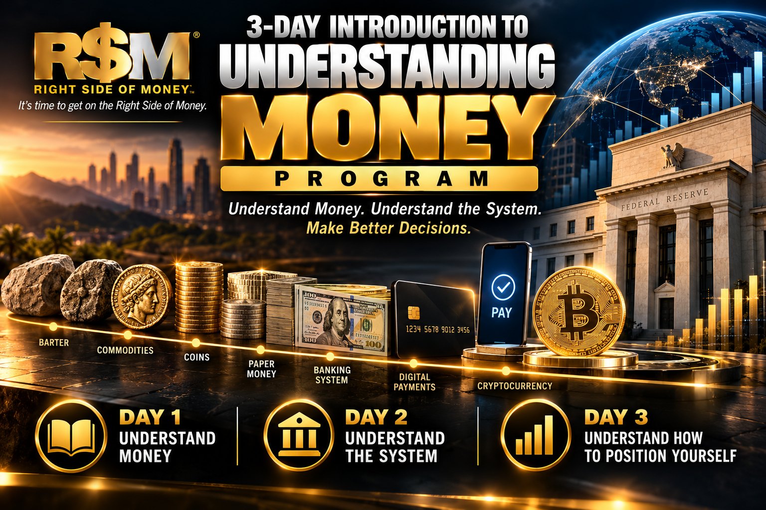 3-Day Introduction to Understanding Money Program: Day 1 Understand Money, Day 2 Understand the System, Day 3 Understand How to Position Yourself
